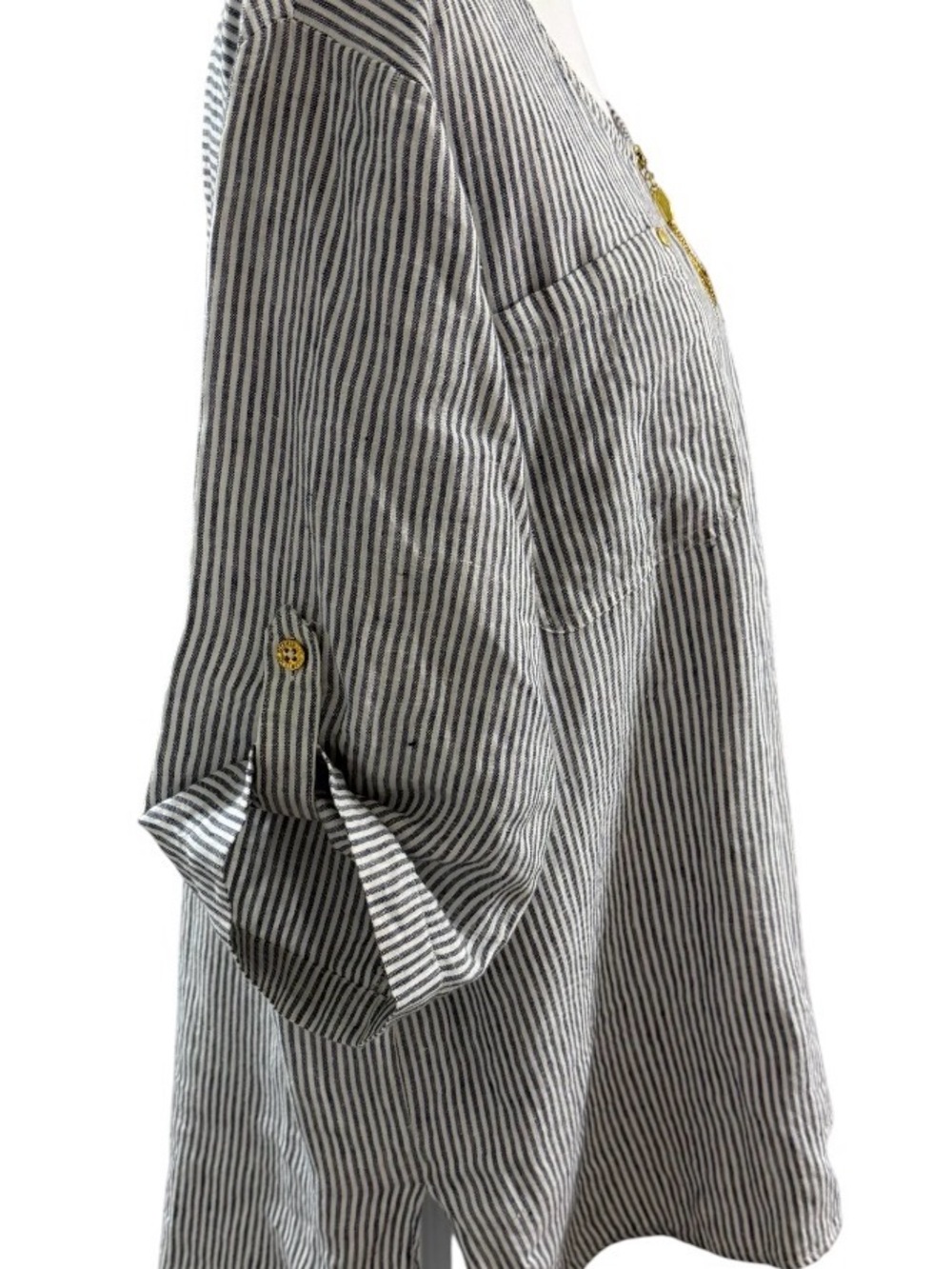 ELLEN TRACY XL 100% LINEN BLUE AND WHITE STRIPED TUNIC GOLD ZIP COASTAL Y2K TOP - Picture 8 of 12